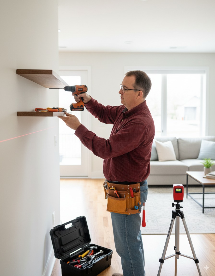 Precision carpentry work including shelf installation with laser level
