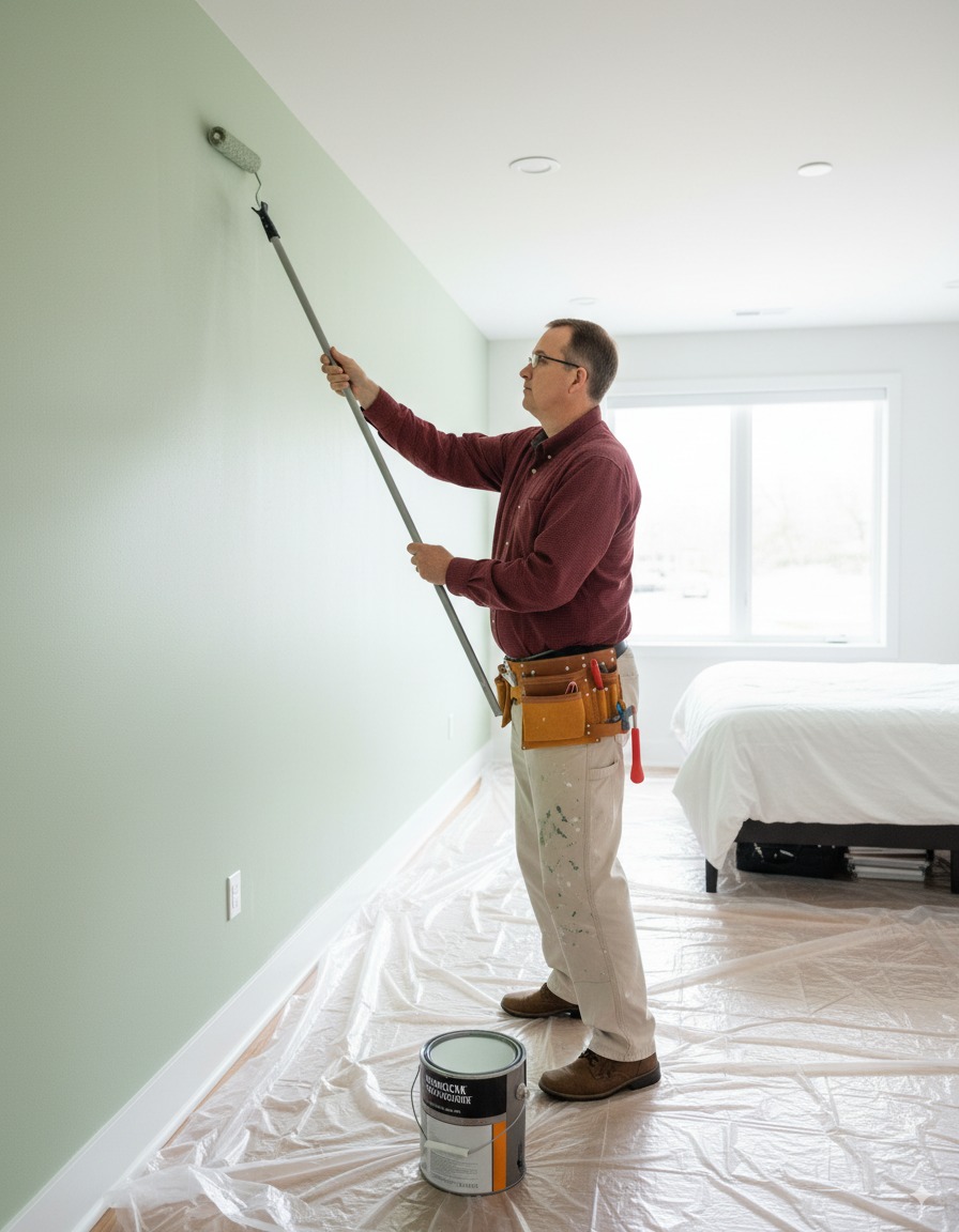 Professional handyman painting interior walls with proper safety equipment